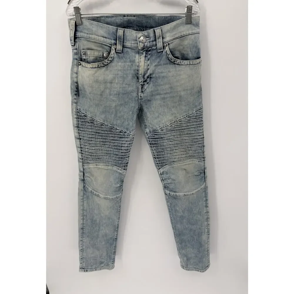 True Religion Men's Moto Biker Jeans Light Acid Wash Size 33x32 Y2K Streetwear